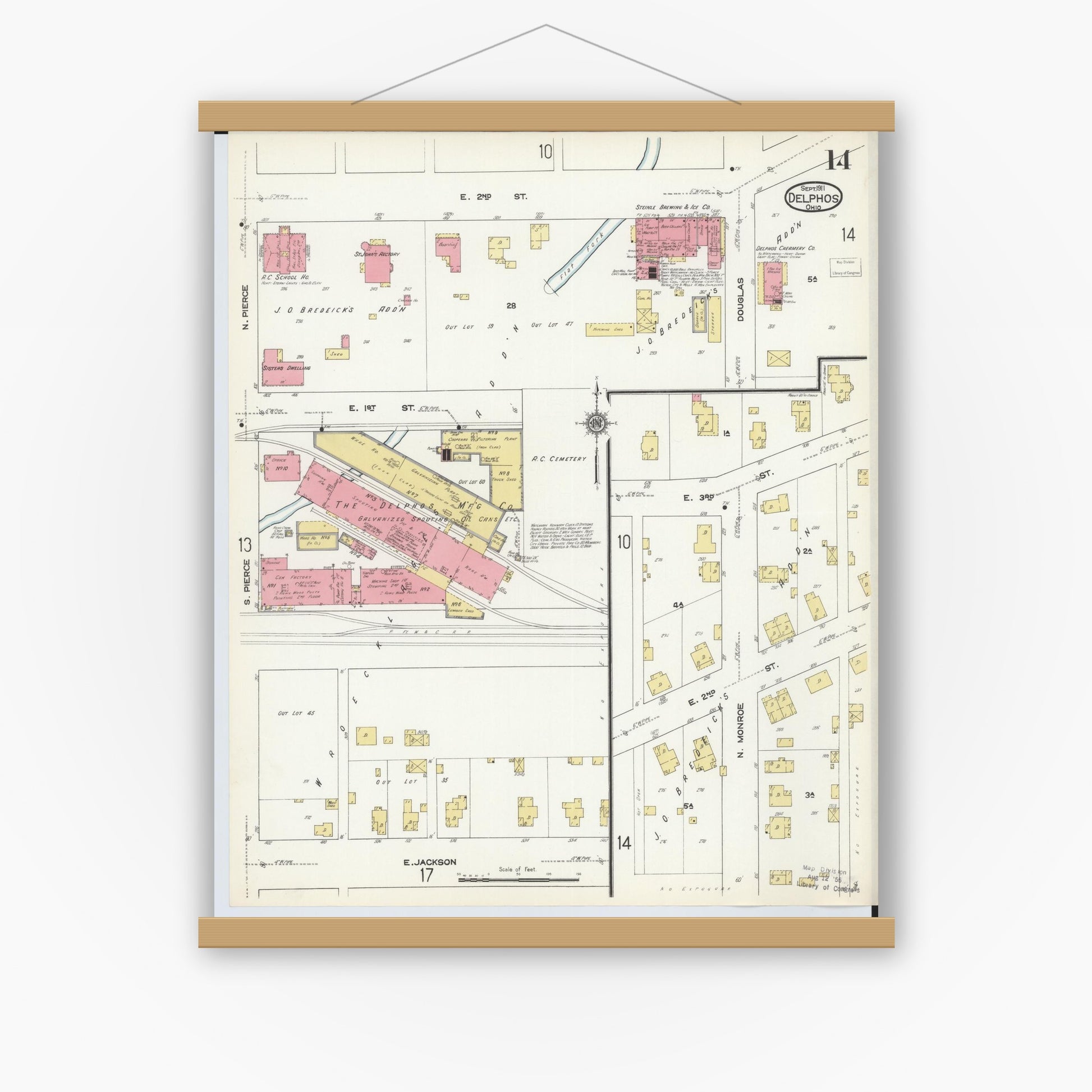 Old map wall art mockup — magnetic wood frame on white wall — Sanborn Fire Insurance Map from Delphos, Van Wert And Allen Counties, Ohio (1911), Sheet #0014