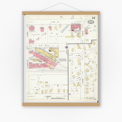 Old map wall art mockup — magnetic wood frame on white wall — Sanborn Fire Insurance Map from Delphos, Van Wert And Allen Counties, Ohio (1911), Sheet #0014