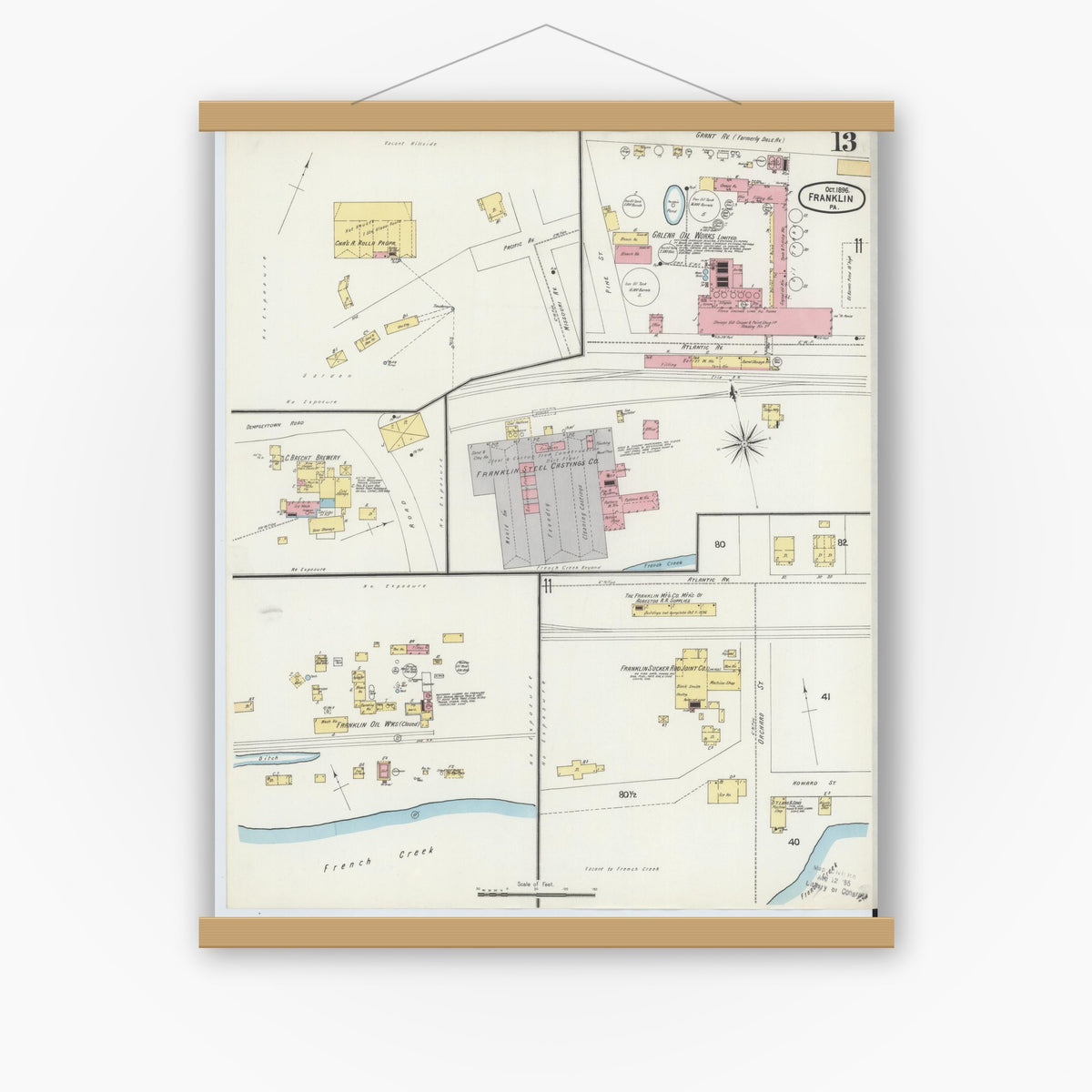 Old map wall art mockup — magnetic wood frame on white wall — Sanborn Fire Insurance Map from Franklin, Venango County, Pennsylvania (1896), Sheet #0013