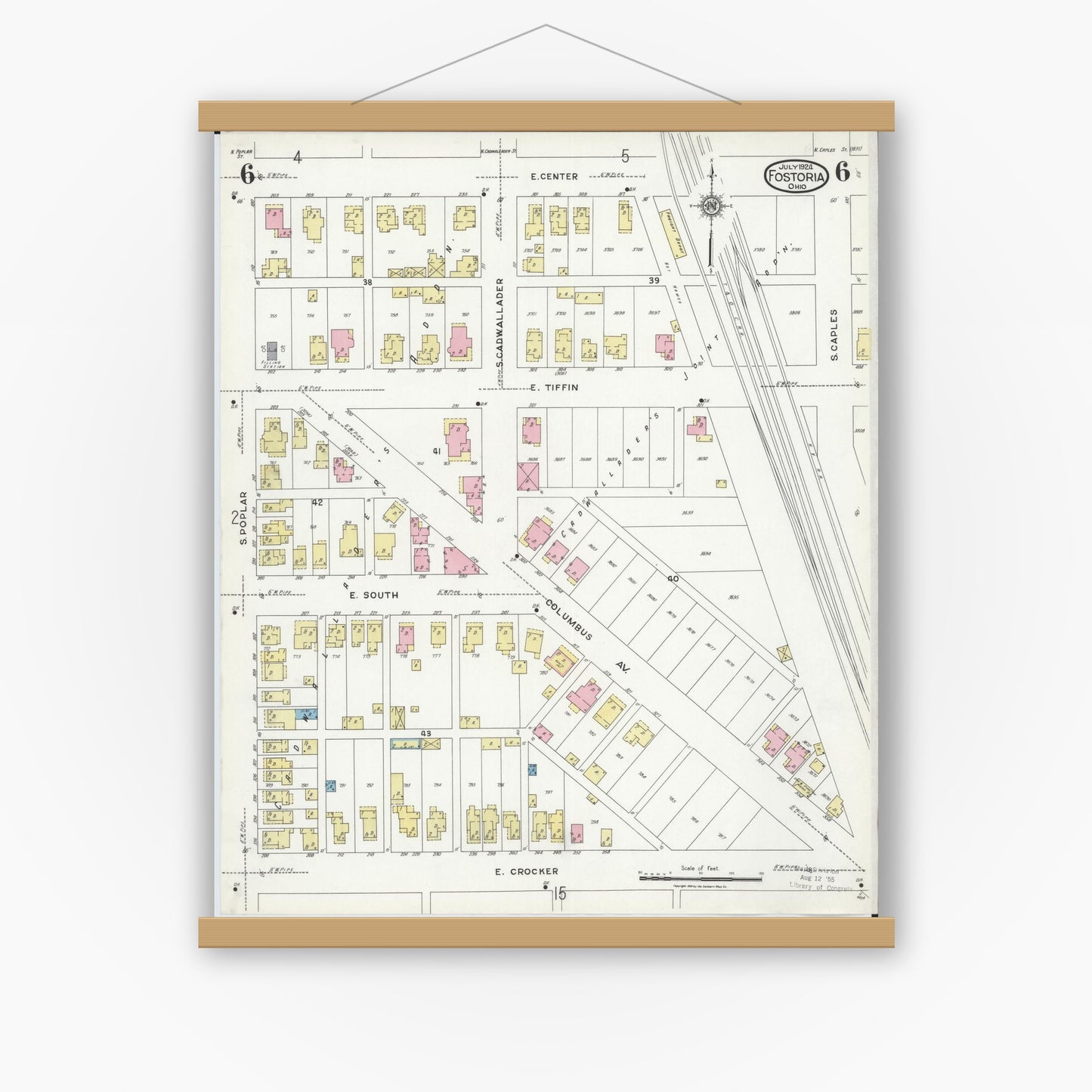 Old map wall art mockup — magnetic wood frame on white wall — Sanborn Fire Insurance Map from Fostoria, Seneca, Hancock, And Wood Counties, Ohio (1924), Sheet #0006