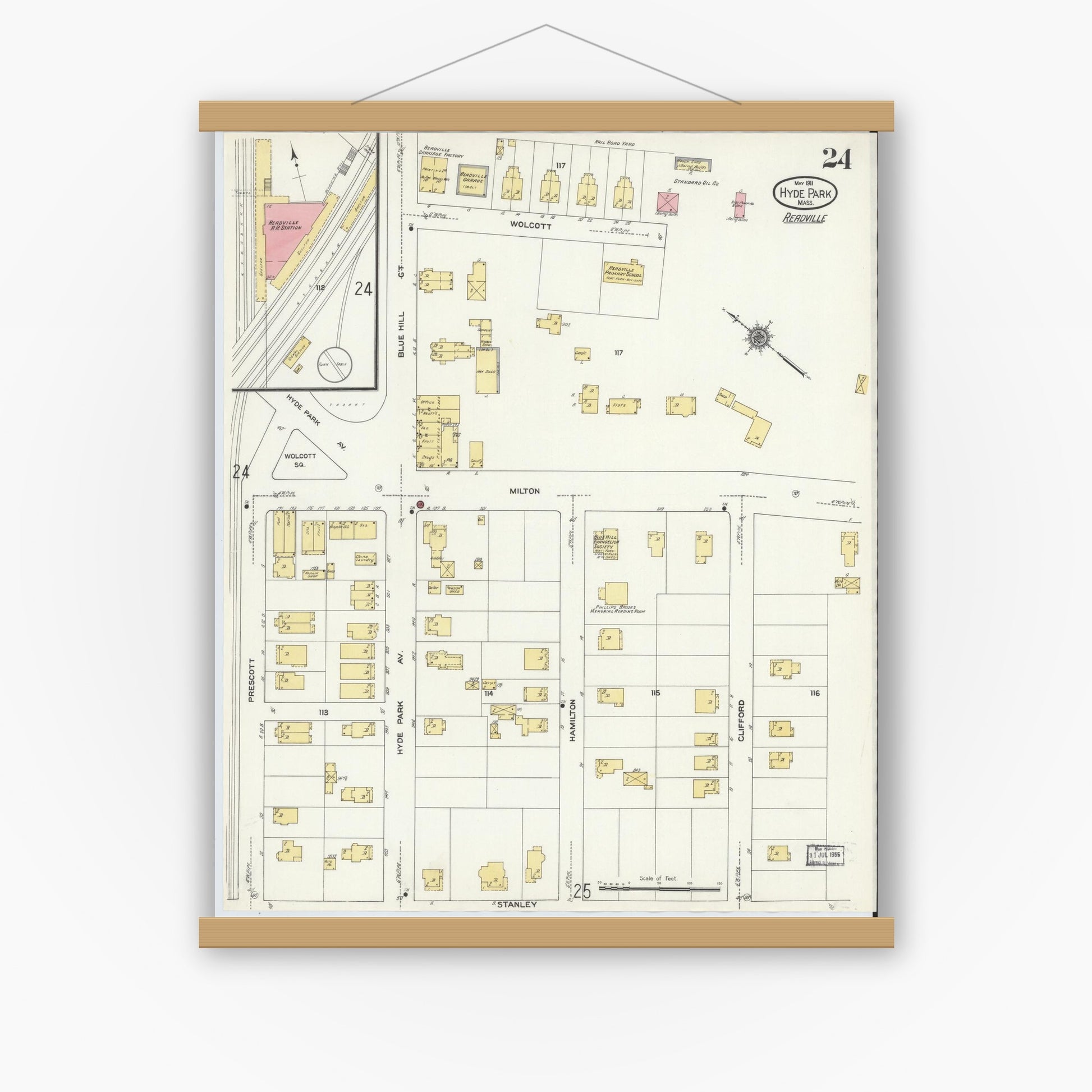 Old map wall art mockup — magnetic wood frame on white wall — Sanborn Fire Insurance Map from Hyde Park, Norfolk County, Massachusetts (1911), Sheet #0024