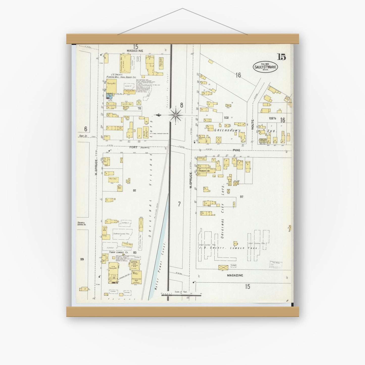 Old map wall art mockup — magnetic wood frame on white wall — Sanborn Fire Insurance Map from Sault Sainte Marie, Chippewa County, Michigan (1902), Sheet #0015