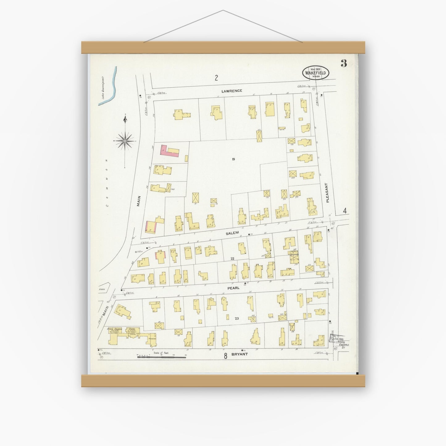 Old map wall art mockup — magnetic wood frame on white wall — Sanborn Fire Insurance Map from Wakefield, Middlesex County, Massachusetts (1909), Sheet #0003
