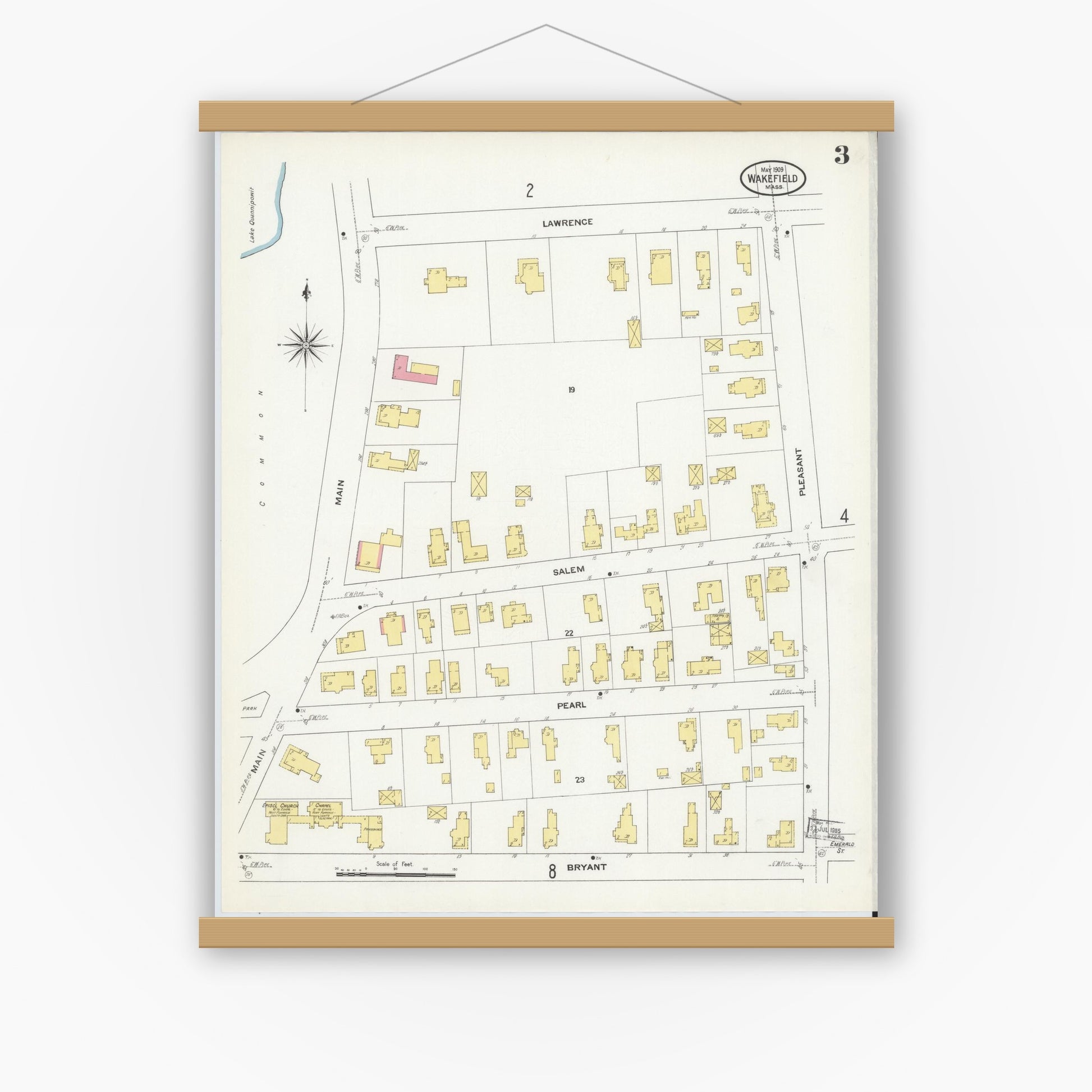 Old map wall art mockup — magnetic wood frame on white wall — Sanborn Fire Insurance Map from Wakefield, Middlesex County, Massachusetts (1909), Sheet #0003