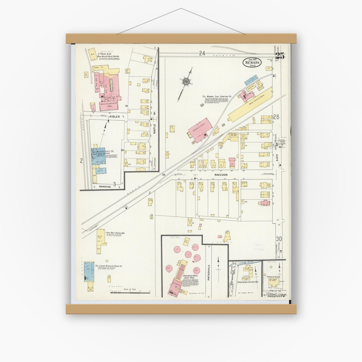 Old map wall art mockup — magnetic wood frame on white wall — Sanborn Fire Insurance Map from Newark, Licking County, Ohio (1912), Sheet #0025