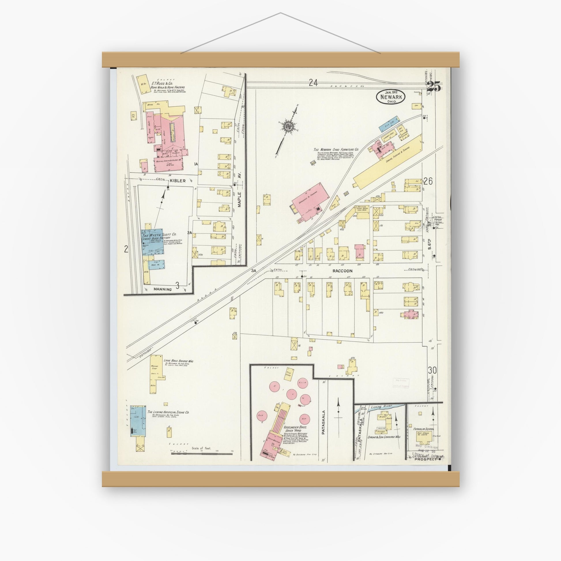 Old map wall art mockup — magnetic wood frame on white wall — Sanborn Fire Insurance Map from Newark, Licking County, Ohio (1912), Sheet #0025