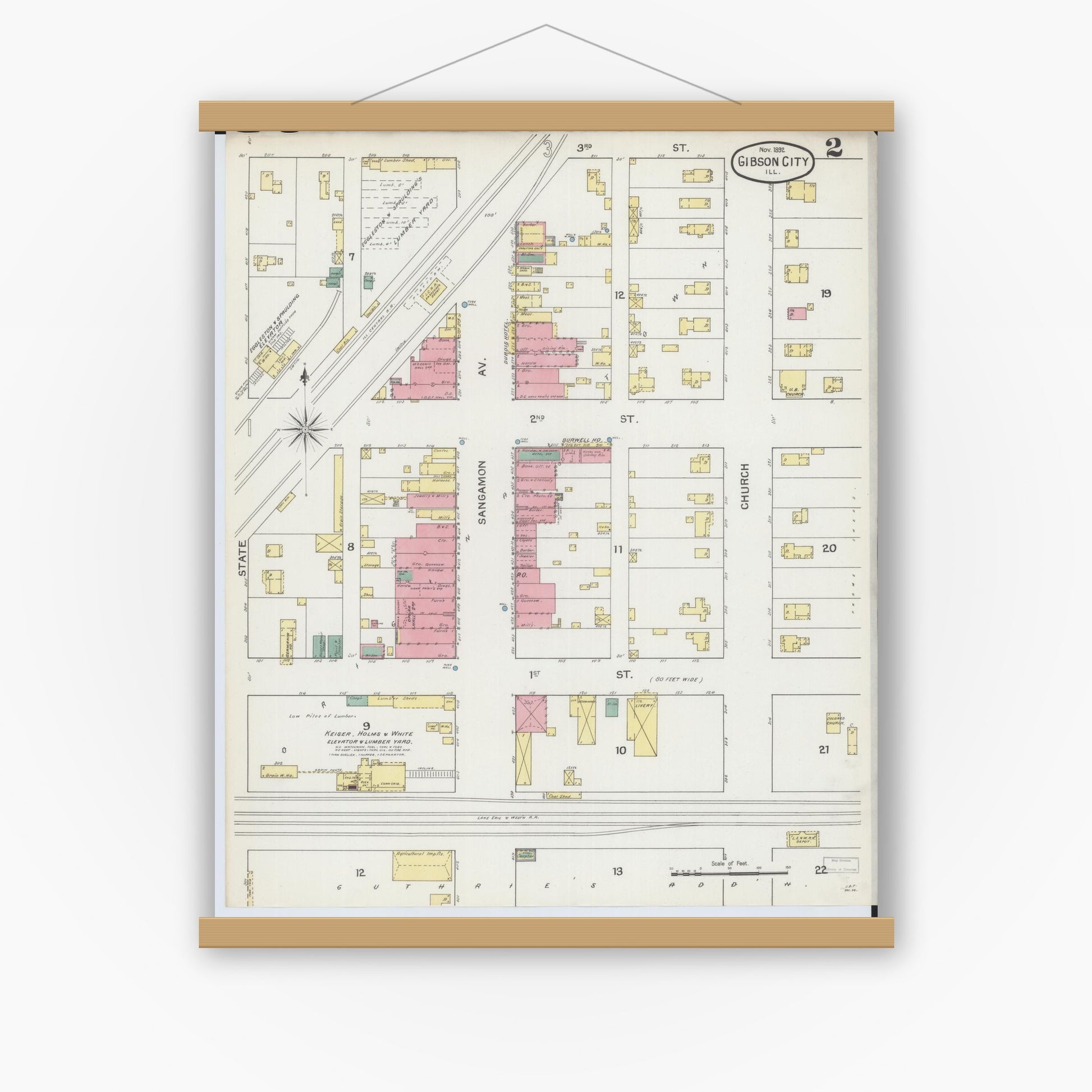 Old map wall art mockup — magnetic wood frame on white wall — Sanborn Fire Insurance Map from Gibson City, Ford County, Illinois (1892), Sheet #0002