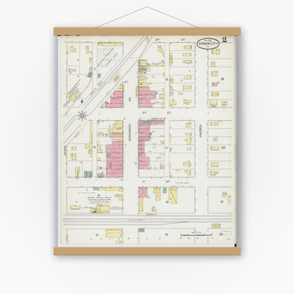 Old map wall art mockup — magnetic wood frame on white wall — Sanborn Fire Insurance Map from Gibson City, Ford County, Illinois (1892), Sheet #0002