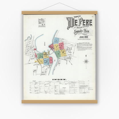 Old map wall art mockup — magnetic wood frame on white wall — Sanborn Fire Insurance Map from De Pere, Brown County, Wisconsin (1900) - Complete Map Set