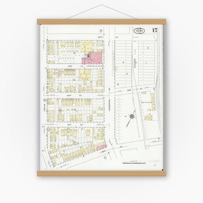 Old map wall art mockup — magnetic wood frame on white wall — Sanborn Fire Insurance Map from Cairo, Alexander County, Illinois (1914), Sheet #0017