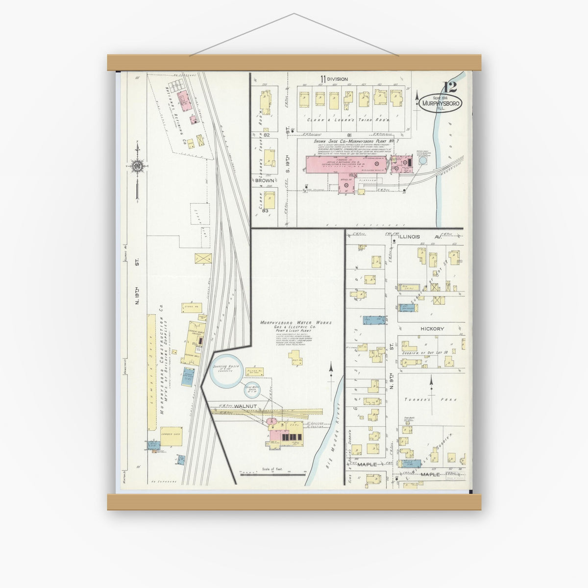 Old map wall art mockup — magnetic wood frame on white wall — Sanborn Fire Insurance Map from Murphysboro, Jackson County, Illinois (1914), Sheet #0012