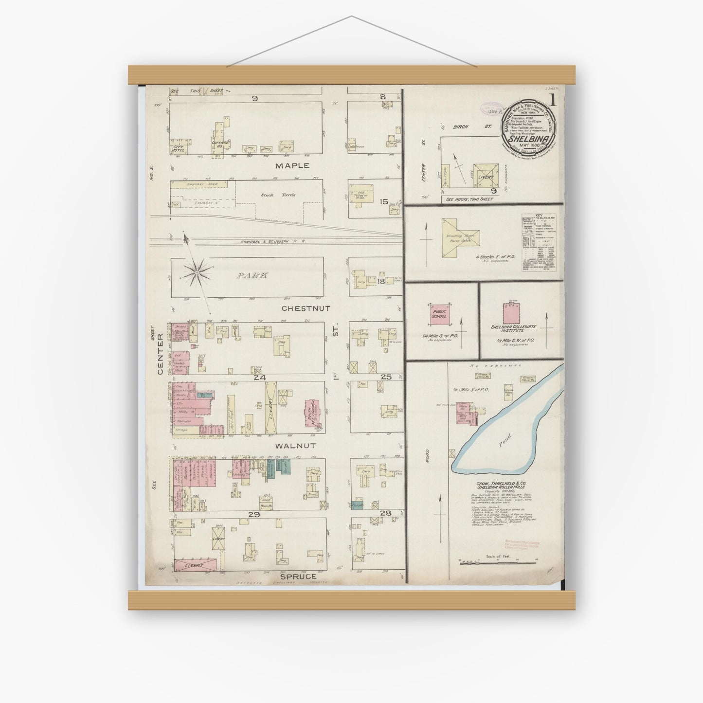 Old map wall art mockup — magnetic wood frame on white wall — Sanborn Fire Insurance Map from Shelbina, Shelby County, Missouri (1886), Sheet #0001