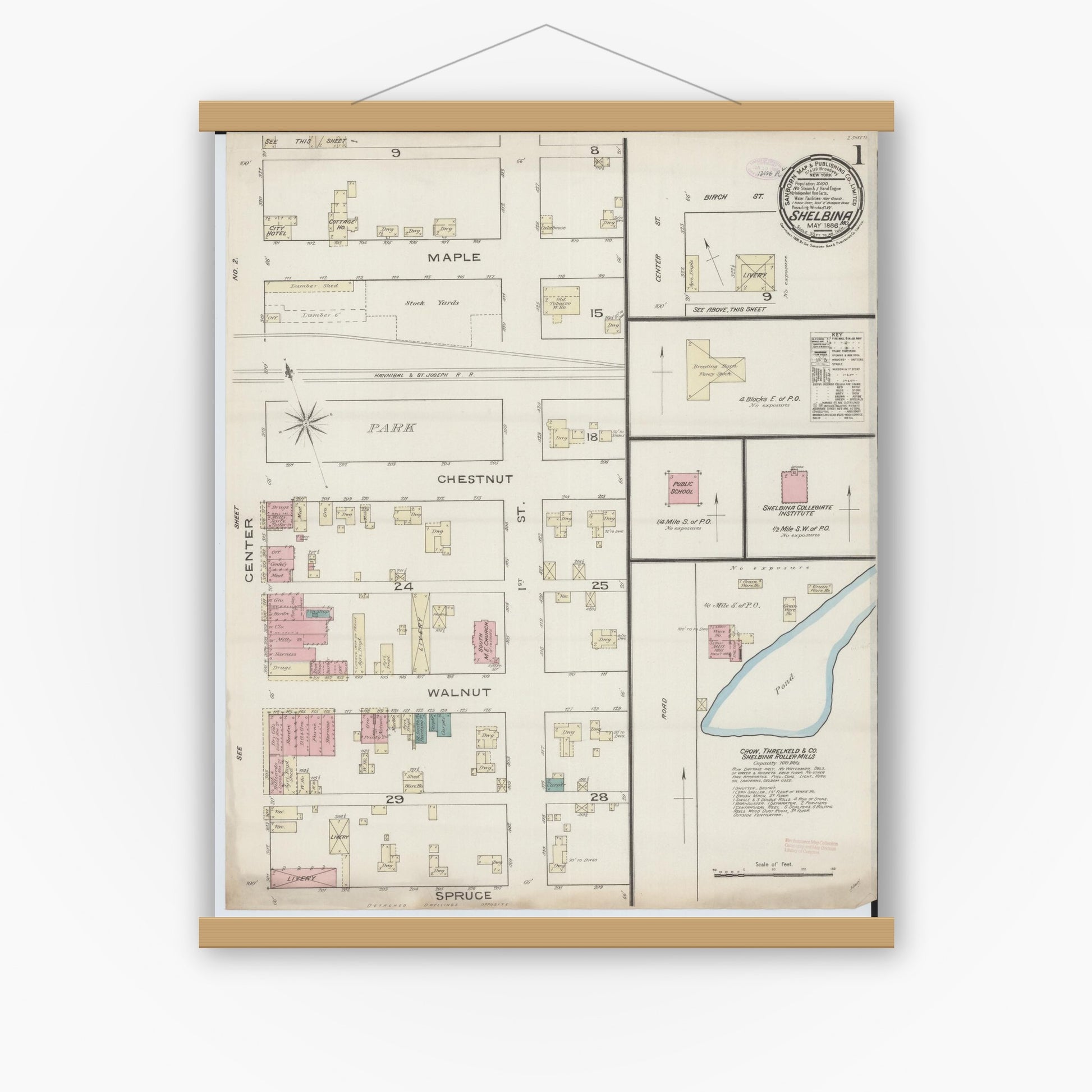 Old map wall art mockup — magnetic wood frame on white wall — Sanborn Fire Insurance Map from Shelbina, Shelby County, Missouri (1886), Sheet #0001