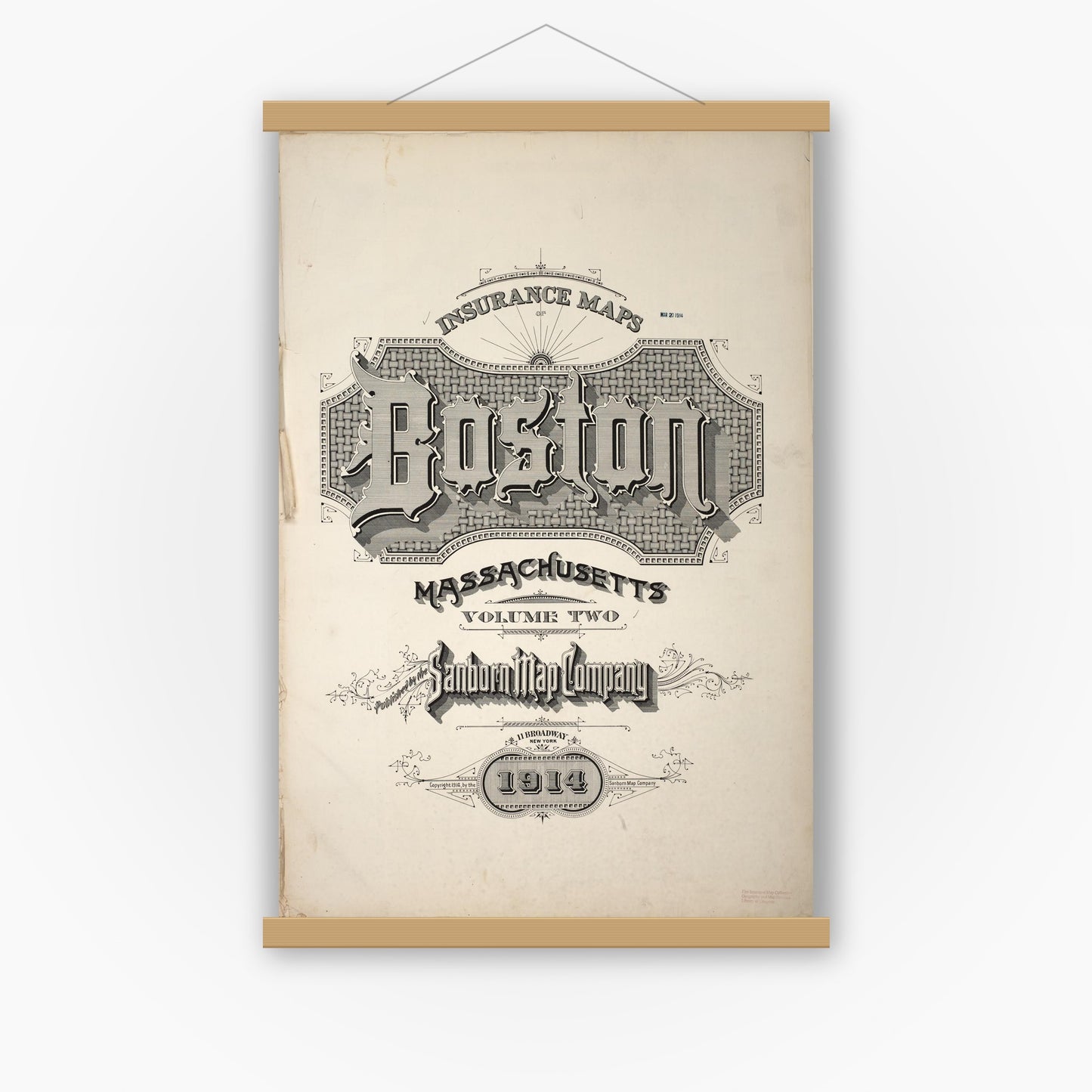 Old map wall art mockup — magnetic wood frame on white wall — Sanborn Fire Insurance Map from Boston, Suffolk County, Massachusetts (1914), Sheet #0001 TITLE PAGE ART