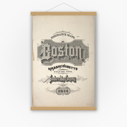 Old map wall art mockup — magnetic wood frame on white wall — Sanborn Fire Insurance Map from Boston, Suffolk County, Massachusetts (1914), Sheet #0001 TITLE PAGE ART