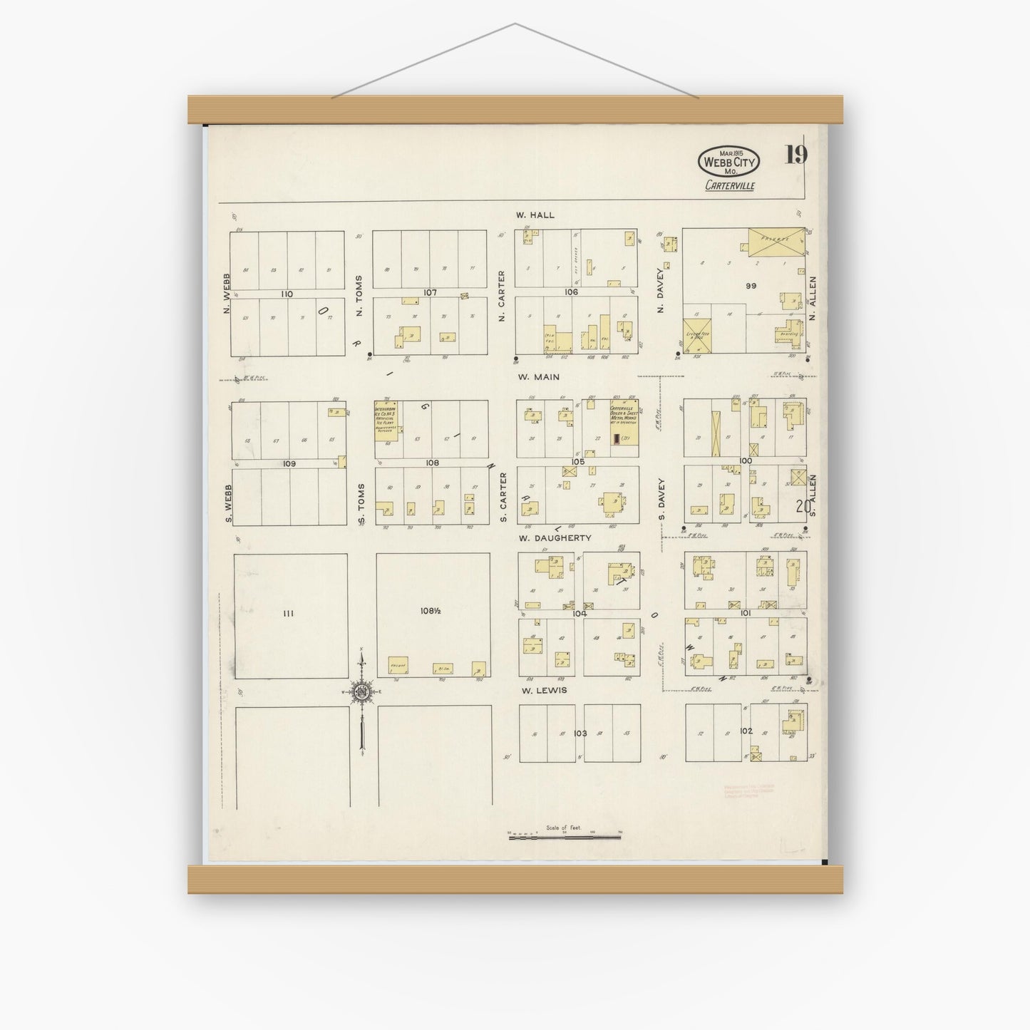 Old map wall art mockup — magnetic wood frame on white wall — Sanborn Fire Insurance Map from Webb City, Jasper County, Missouri (1915), Sheet #0019
