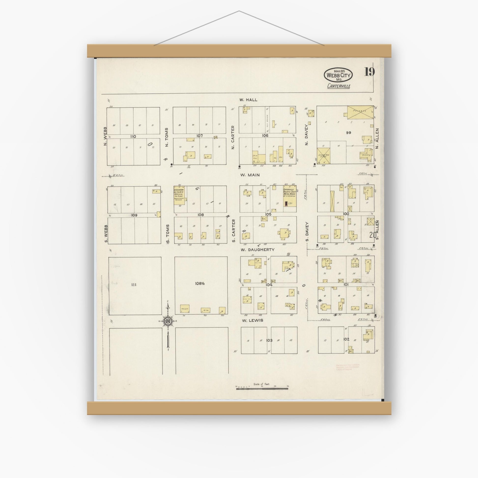 Old map wall art mockup — magnetic wood frame on white wall — Sanborn Fire Insurance Map from Webb City, Jasper County, Missouri (1915), Sheet #0019