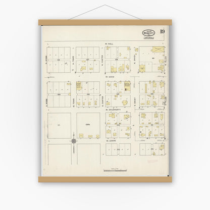 Old map wall art mockup — magnetic wood frame on white wall — Sanborn Fire Insurance Map from Webb City, Jasper County, Missouri (1915), Sheet #0019