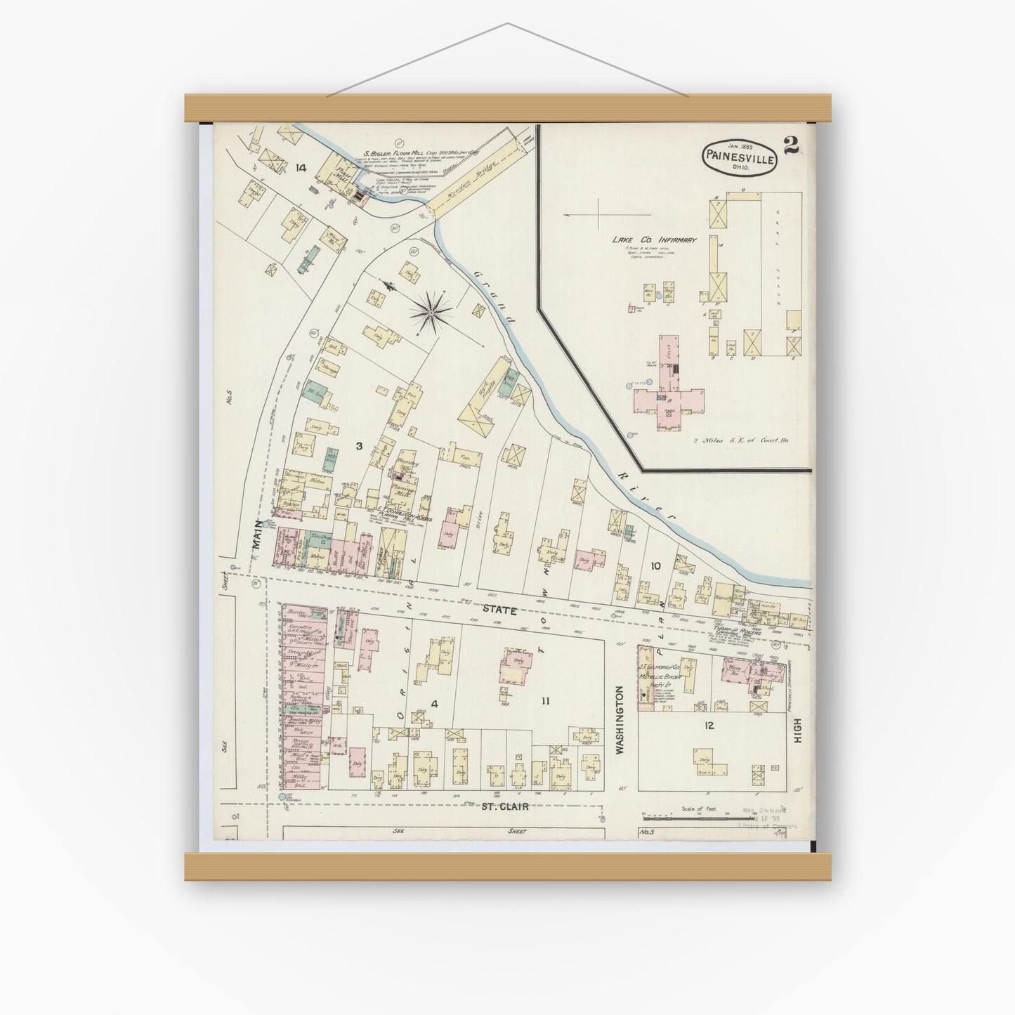 Old map wall art mockup — magnetic wood frame on white wall — Sanborn Fire Insurance Map from Painesville, Lake County, Ohio (1889), Sheet #0002