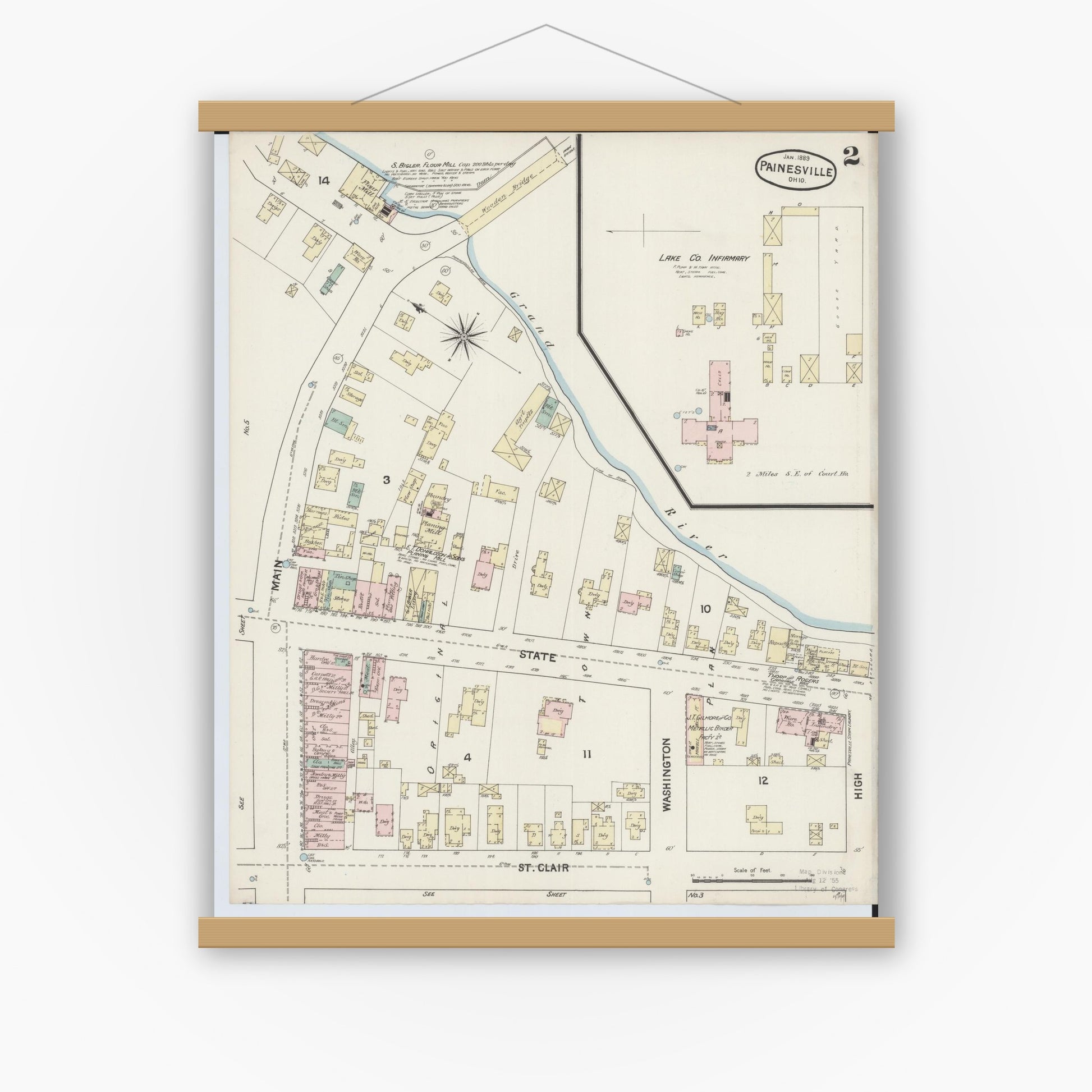 Old map wall art mockup — magnetic wood frame on white wall — Sanborn Fire Insurance Map from Painesville, Lake County, Ohio (1889), Sheet #0002