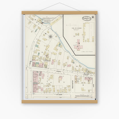 Old map wall art mockup — magnetic wood frame on white wall — Sanborn Fire Insurance Map from Painesville, Lake County, Ohio (1889), Sheet #0002