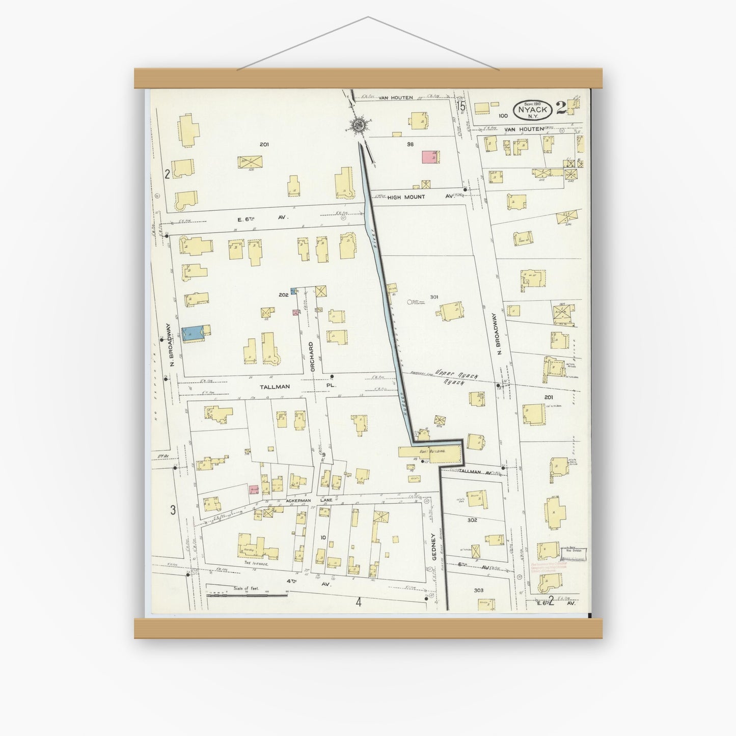 Old map wall art mockup — magnetic wood frame on white wall — Sanborn Fire Insurance Map from Nyack, Rockland County, New York. (1910), Sheet #0002