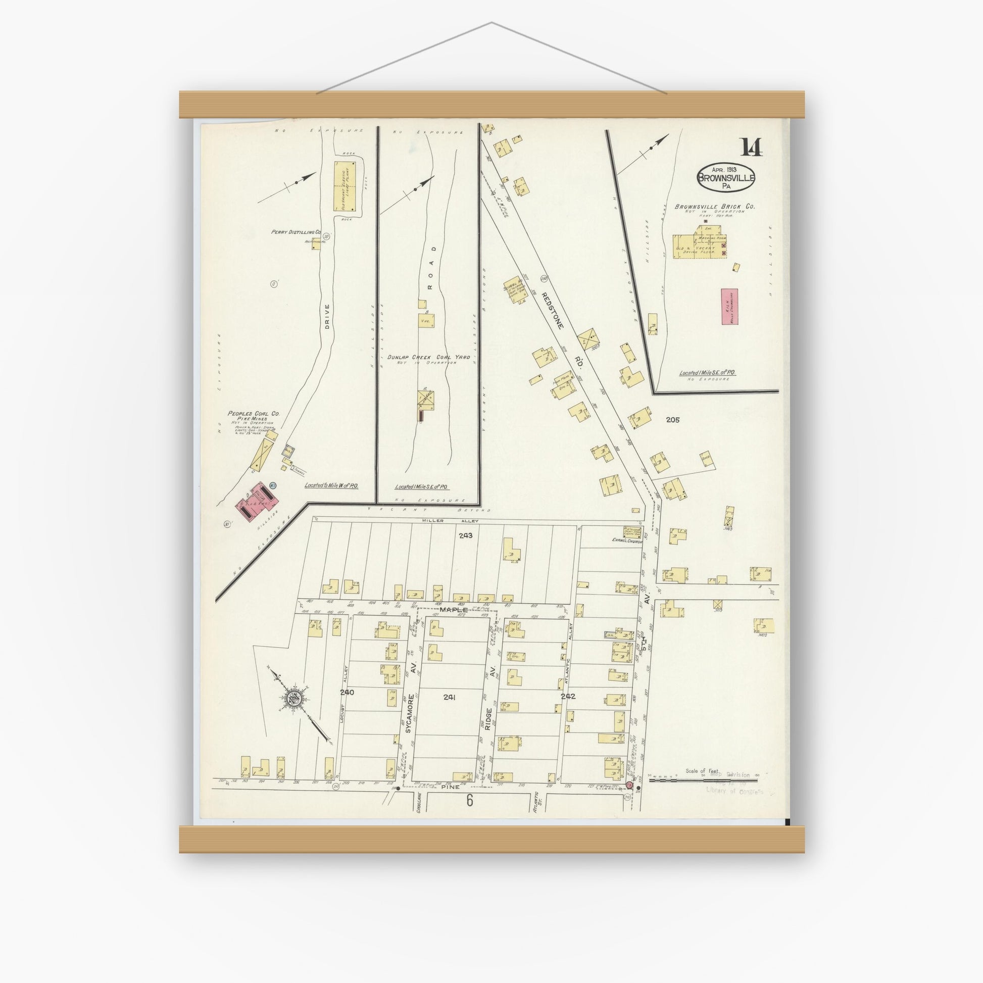 Old map wall art mockup — magnetic wood frame on white wall — Sanborn Fire Insurance Map from Brownsville, Fayette County, Pennsylvania (1913), Sheet #0014