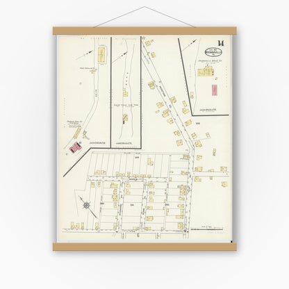 Old map wall art mockup — magnetic wood frame on white wall — Sanborn Fire Insurance Map from Brownsville, Fayette County, Pennsylvania (1913), Sheet #0014