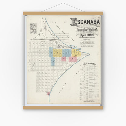 Old map wall art mockup — magnetic wood frame on white wall — Sanborn Fire Insurance Map from Escanaba, Delta County, Michigan (1888) - Complete Map Set