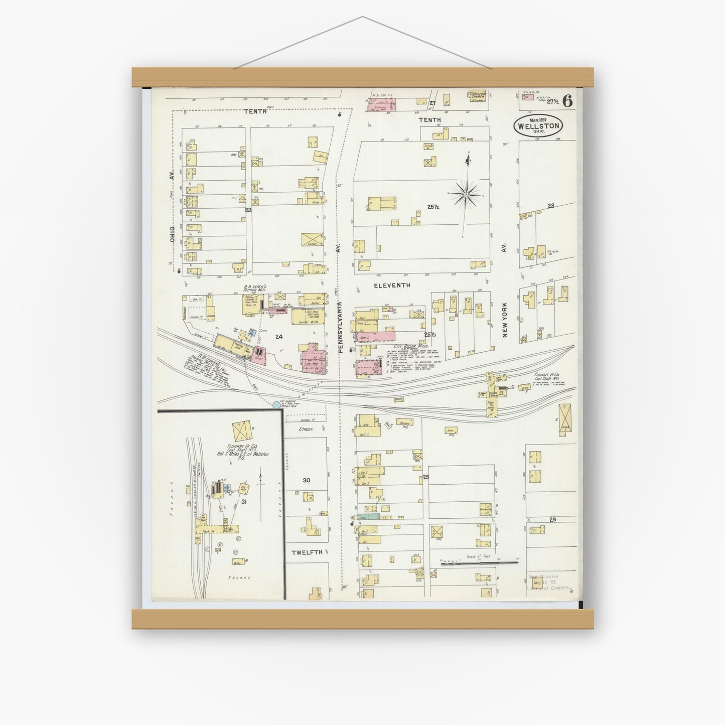 Old map wall art mockup — magnetic wood frame on white wall — Sanborn Fire Insurance Map from Wellston, Jackson County, Ohio (1897), Sheet #0006