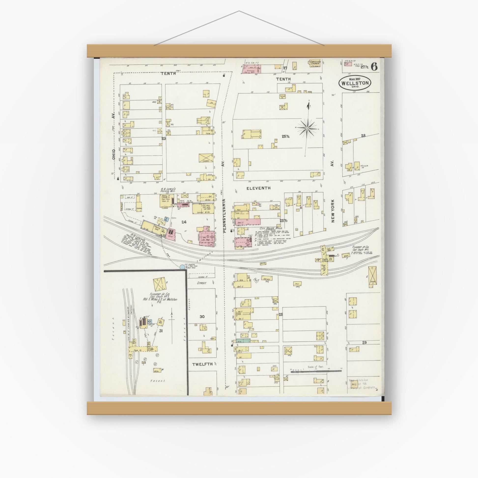 Old map wall art mockup — magnetic wood frame on white wall — Sanborn Fire Insurance Map from Wellston, Jackson County, Ohio (1897), Sheet #0006