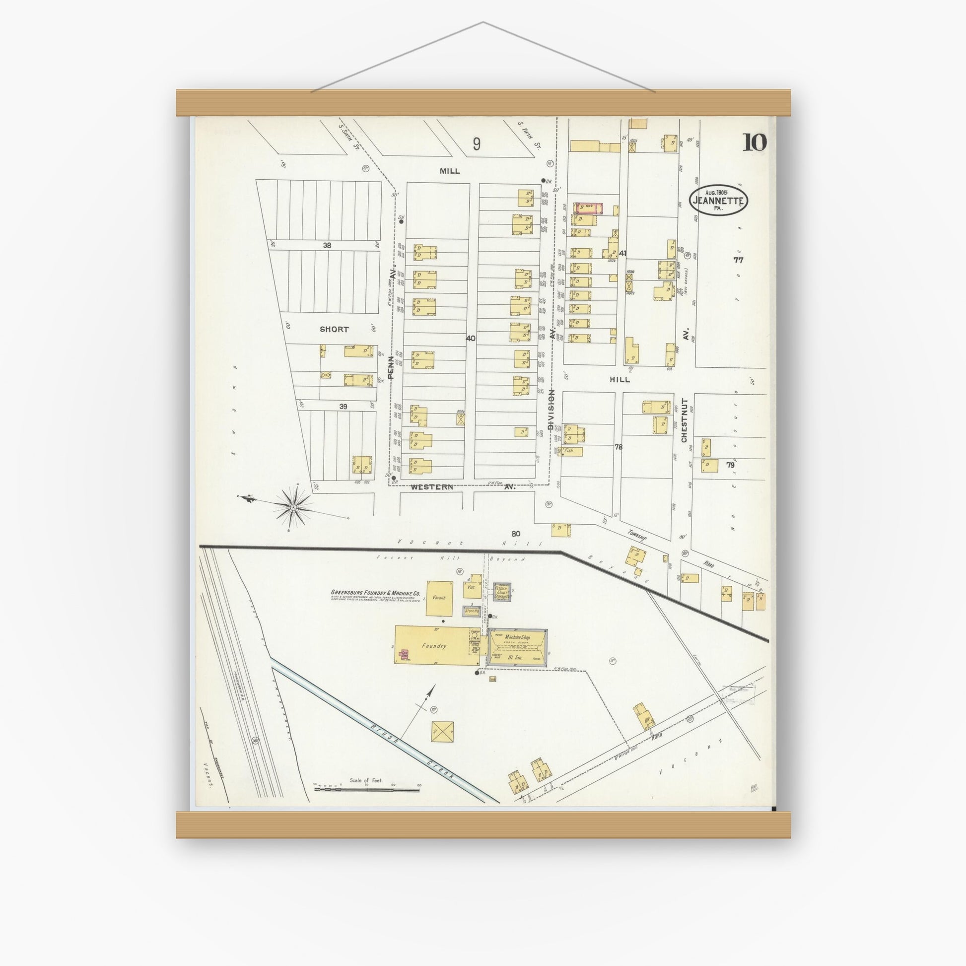 Old map wall art mockup — magnetic wood frame on white wall — Sanborn Fire Insurance Map from Jeannette, Westmoreland County, Pennsylvania (1905), Sheet #0010