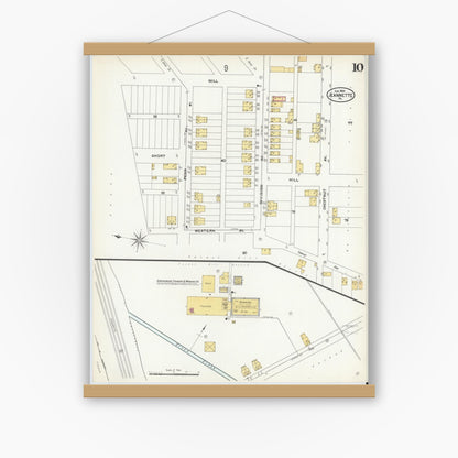 Old map wall art mockup — magnetic wood frame on white wall — Sanborn Fire Insurance Map from Jeannette, Westmoreland County, Pennsylvania (1905), Sheet #0010