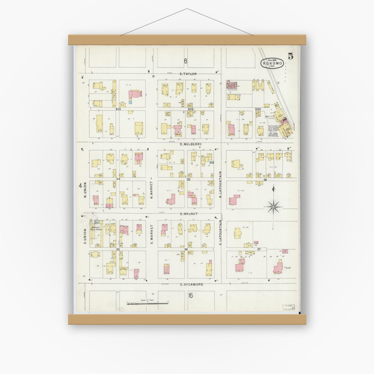 Old map wall art mockup — magnetic wood frame on white wall — Sanborn Fire Insurance Map from Kokomo, Howard County, Indiana (1896), Sheet #0005