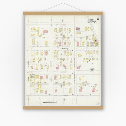 Old map wall art mockup — magnetic wood frame on white wall — Sanborn Fire Insurance Map from Kokomo, Howard County, Indiana (1896), Sheet #0005