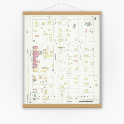Old map wall art mockup — magnetic wood frame on white wall — Sanborn Fire Insurance Map from Madelia, Watonwan County, Minnesota (1908), Sheet #0003