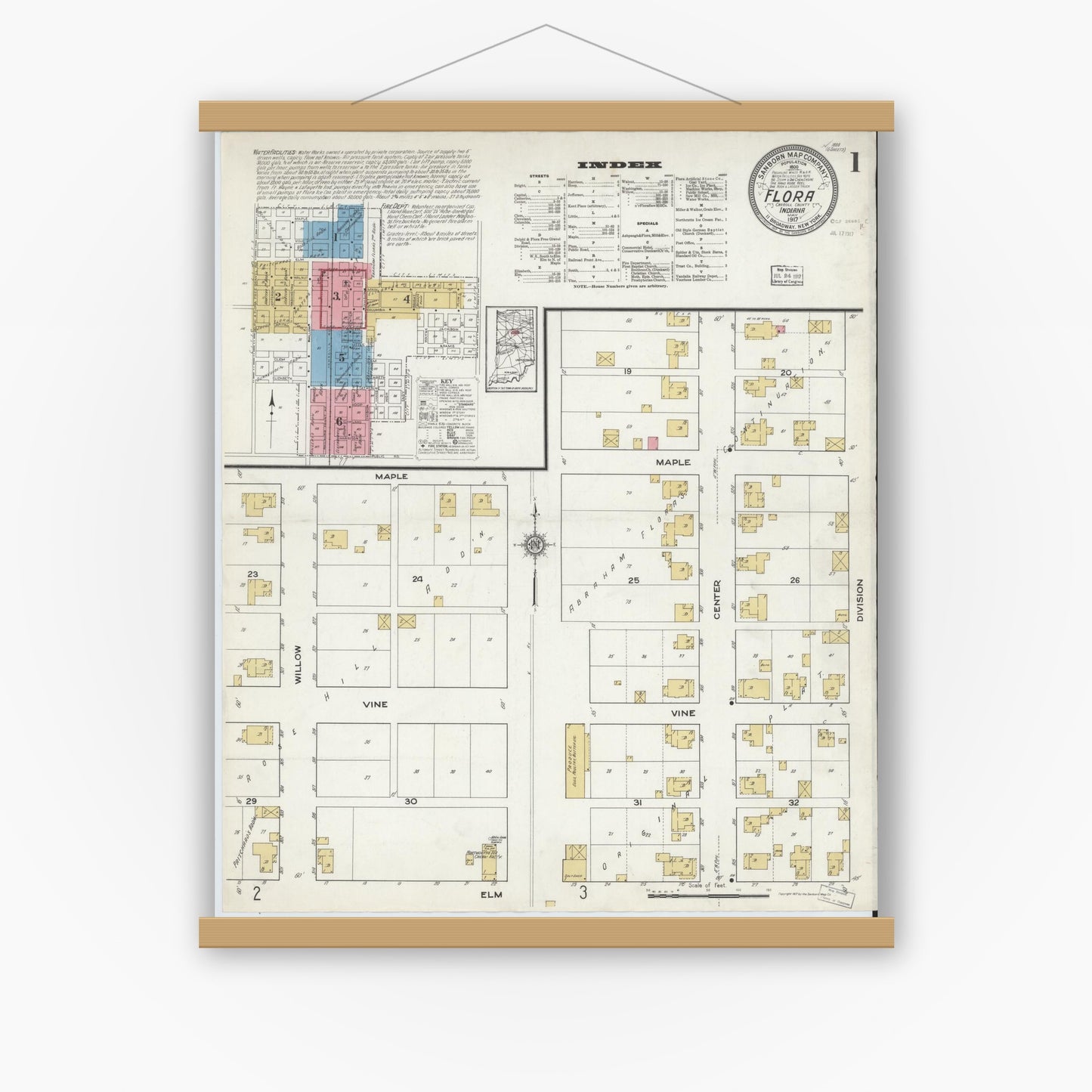 Old map wall art mockup — magnetic wood frame on white wall — Sanborn Fire Insurance Map from Flora, Carroll County, Indiana (1917), Sheet #0001