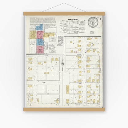 Old map wall art mockup — magnetic wood frame on white wall — Sanborn Fire Insurance Map from Flora, Carroll County, Indiana (1917), Sheet #0001