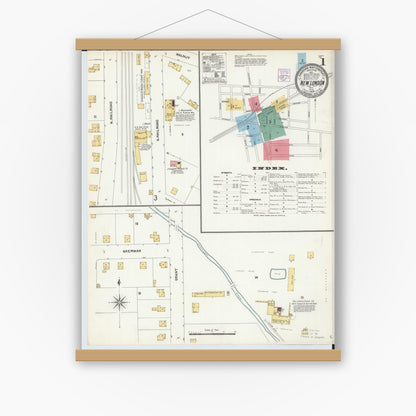 Old map wall art mockup — magnetic wood frame on white wall — Sanborn Fire Insurance Map from New London, Huron County, Ohio (1904), Sheet #0001
