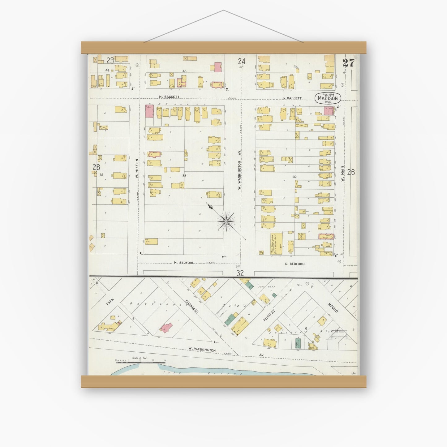 Old map wall art mockup — magnetic wood frame on white wall — Sanborn Fire Insurance Map from Madison, Dane County, Wisconsin (1902), Sheet #0027