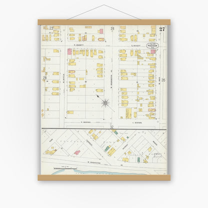 Old map wall art mockup — magnetic wood frame on white wall — Sanborn Fire Insurance Map from Madison, Dane County, Wisconsin (1902), Sheet #0027