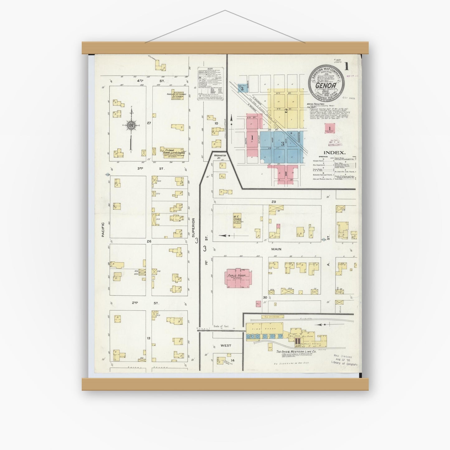 Old map wall art mockup — magnetic wood frame on white wall — Sanborn Fire Insurance Map from Genoa, Ottawa County, Ohio (1910) - Complete Map Set