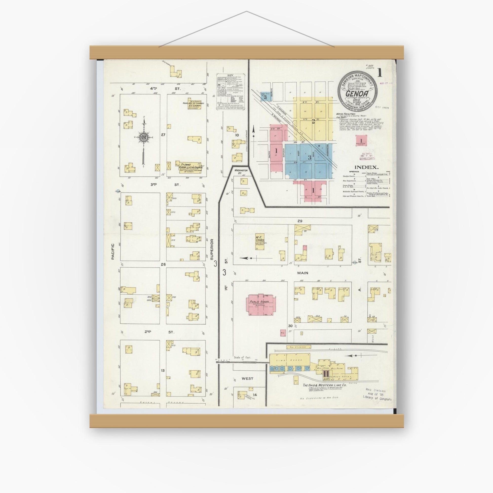 Old map wall art mockup — magnetic wood frame on white wall — Sanborn Fire Insurance Map from Genoa, Ottawa County, Ohio (1910) - Complete Map Set