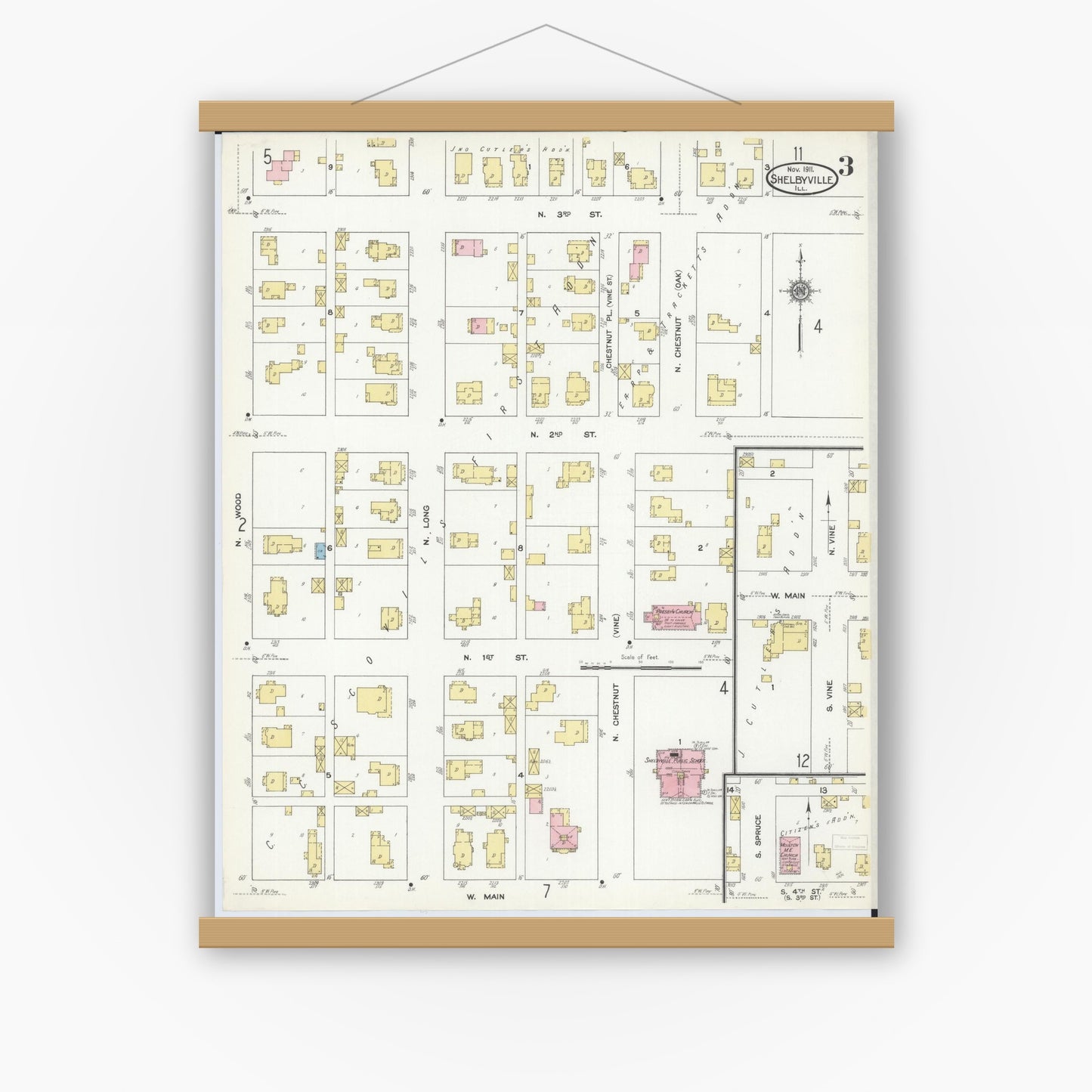 Old map wall art mockup — magnetic wood frame on white wall — Sanborn Fire Insurance Map from Shelbyville, Shelby County, Illinois (1911), Sheet #0003