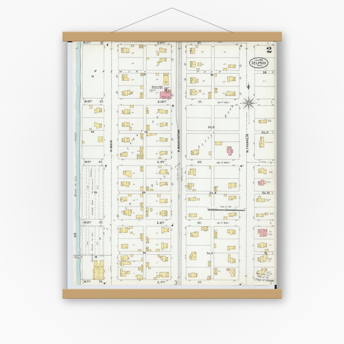 Old map wall art mockup — magnetic wood frame on white wall — Sanborn Fire Insurance Map from Delphos, Van Wert And Allen Counties, Ohio (1899), Sheet #0002