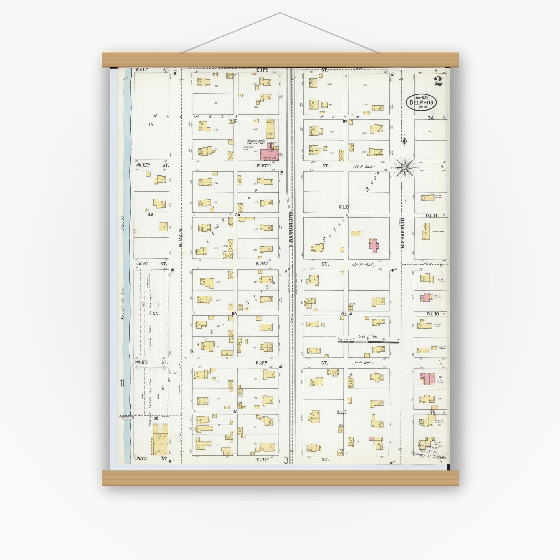 Old map wall art mockup — magnetic wood frame on white wall — Sanborn Fire Insurance Map from Delphos, Van Wert And Allen Counties, Ohio (1899), Sheet #0002