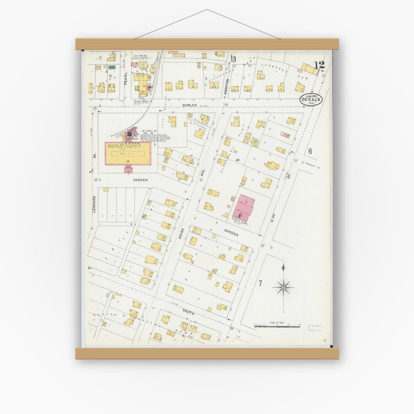 Old map wall art mockup — magnetic wood frame on white wall — Sanborn Fire Insurance Map from De Kalb, De Kalb County, Illinois (1905), Sheet #0012
