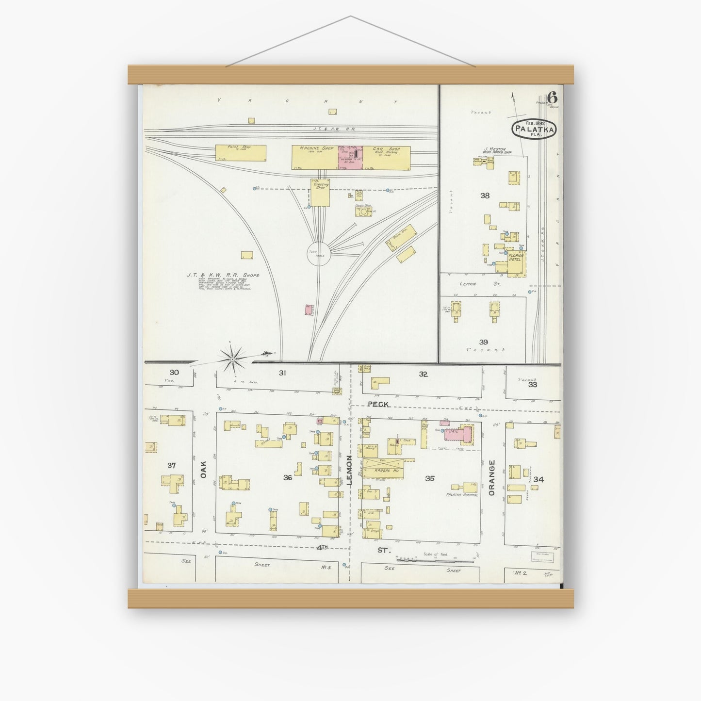 Old map wall art mockup — magnetic wood frame on white wall — Sanborn Fire Insurance Map from Palatka, Putnam County, Florida (1892), Sheet #0006