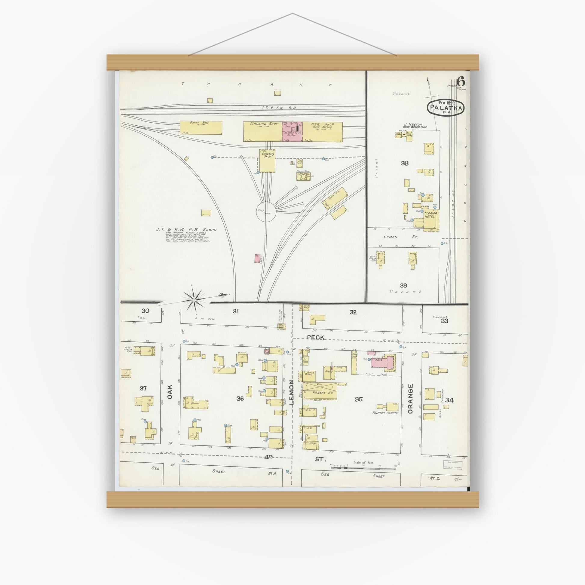 Old map wall art mockup — magnetic wood frame on white wall — Sanborn Fire Insurance Map from Palatka, Putnam County, Florida (1892), Sheet #0006