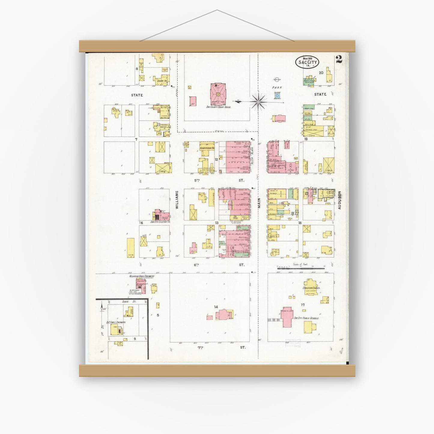 Old map wall art mockup — magnetic wood frame on white wall — Sanborn Fire Insurance Map from Sac City, Sac County, Iowa (1899), Sheet #0002